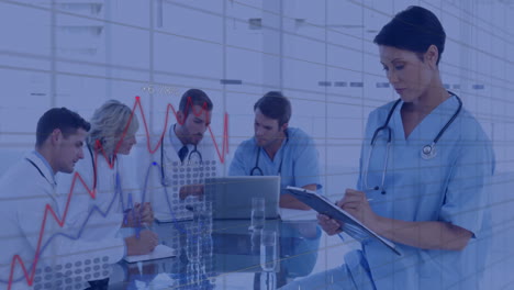 discussing animation of data, medical professionals in meeting with charts overlay