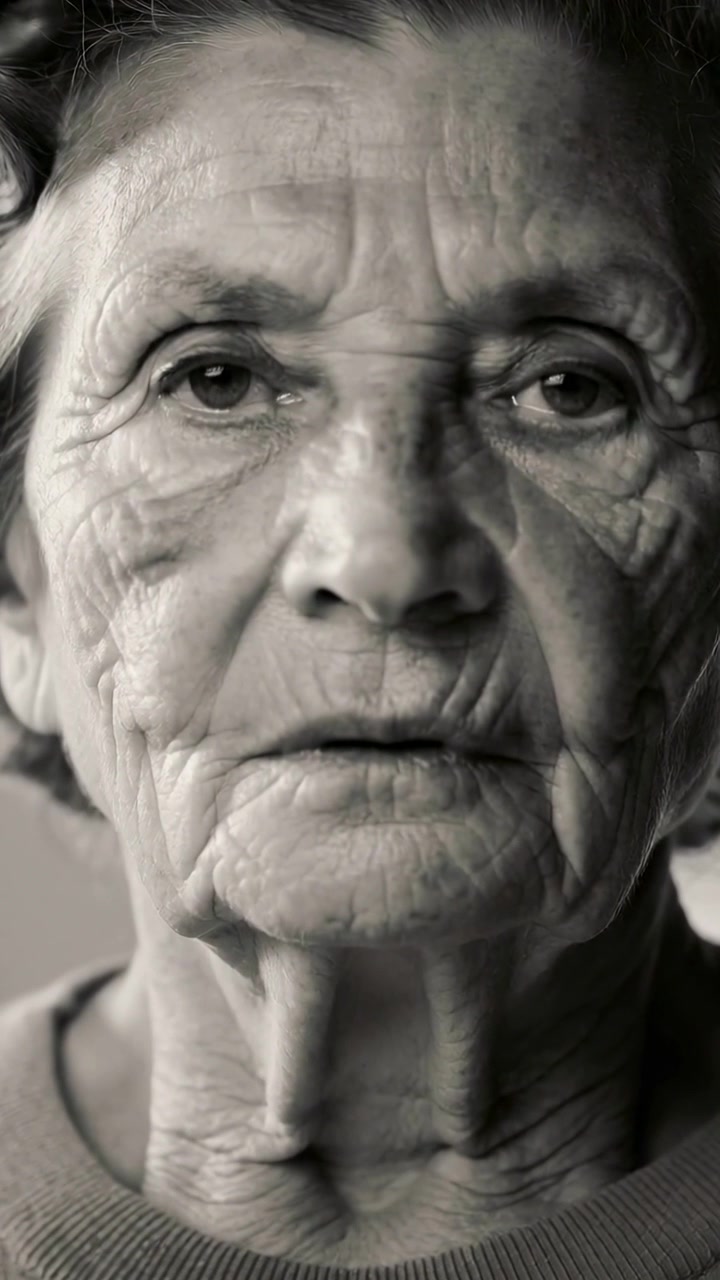 Video verticale: Riprese di una donna anziana che apre gli occhi e sposta lo sguardo in studio, con un maglione di lana.