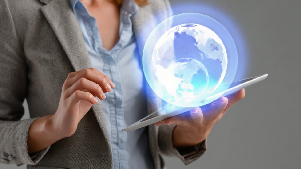 A Professional Businessperson Interacts with a Holographic Earth Projection on a Tablet, Representing Innovative Technology and Global Connectivity in Modern Work Environments