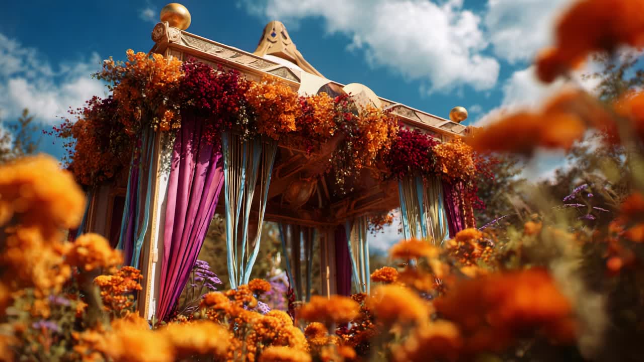 Un vivace padiglione da giardino ornato di fiori colorati sotto un cielo azzurro brillante, che mette in mostra la bellezza della natura e l'arredamento artistico in un sereno ambiente esterno