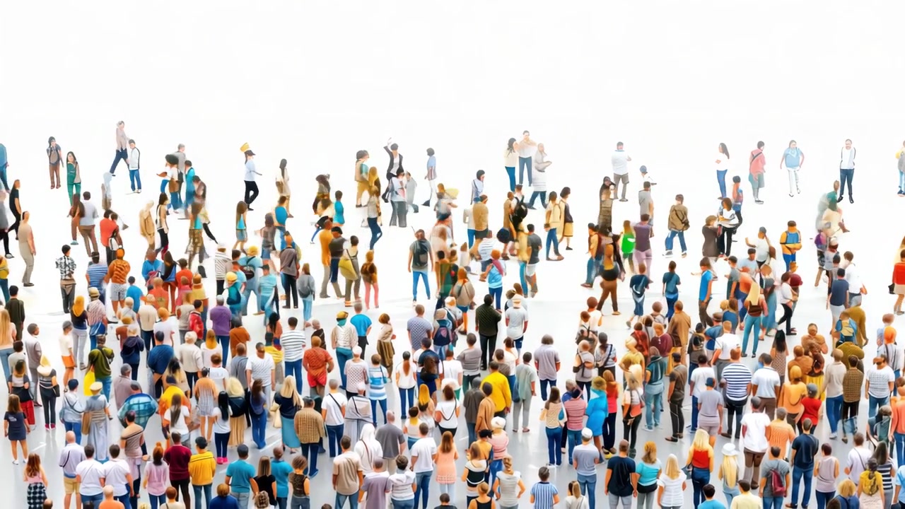 Large Crowd of People Walking on White Background