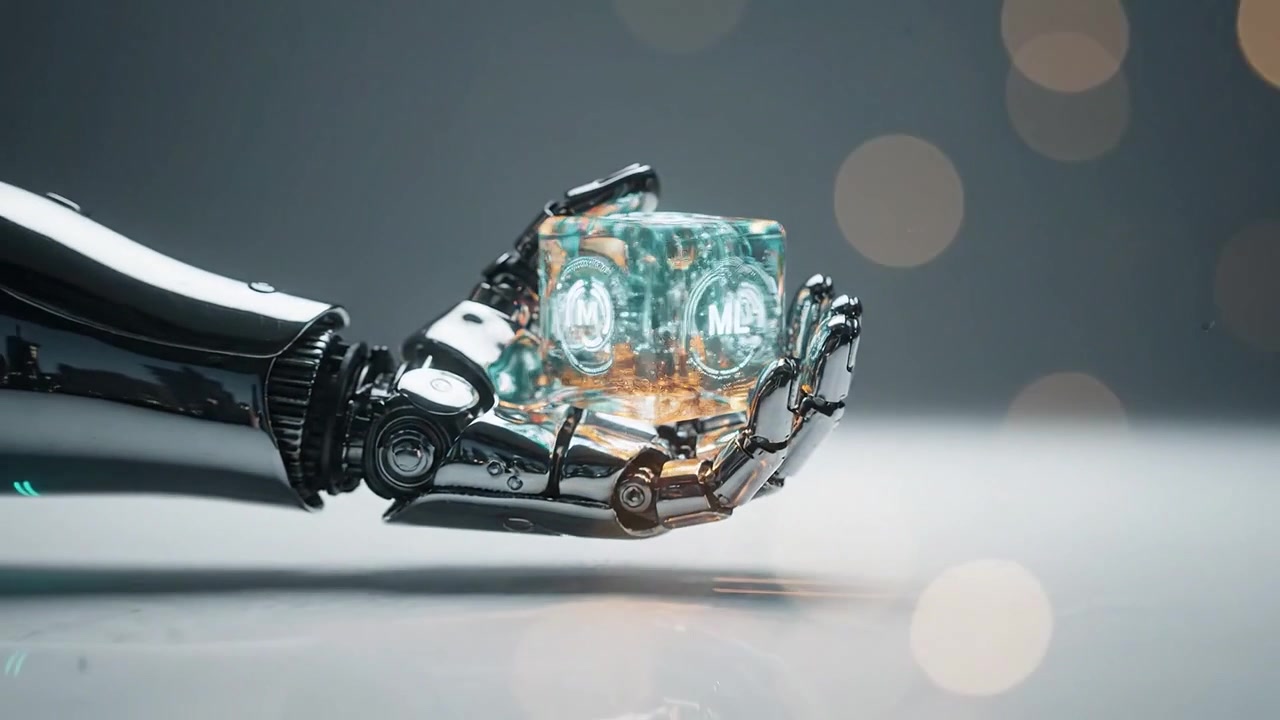 A futuristic robotic hand presents a glowing cube releasing vibrant energy sparks, symbolizing the intersection of technology and creativity in a digital age.
