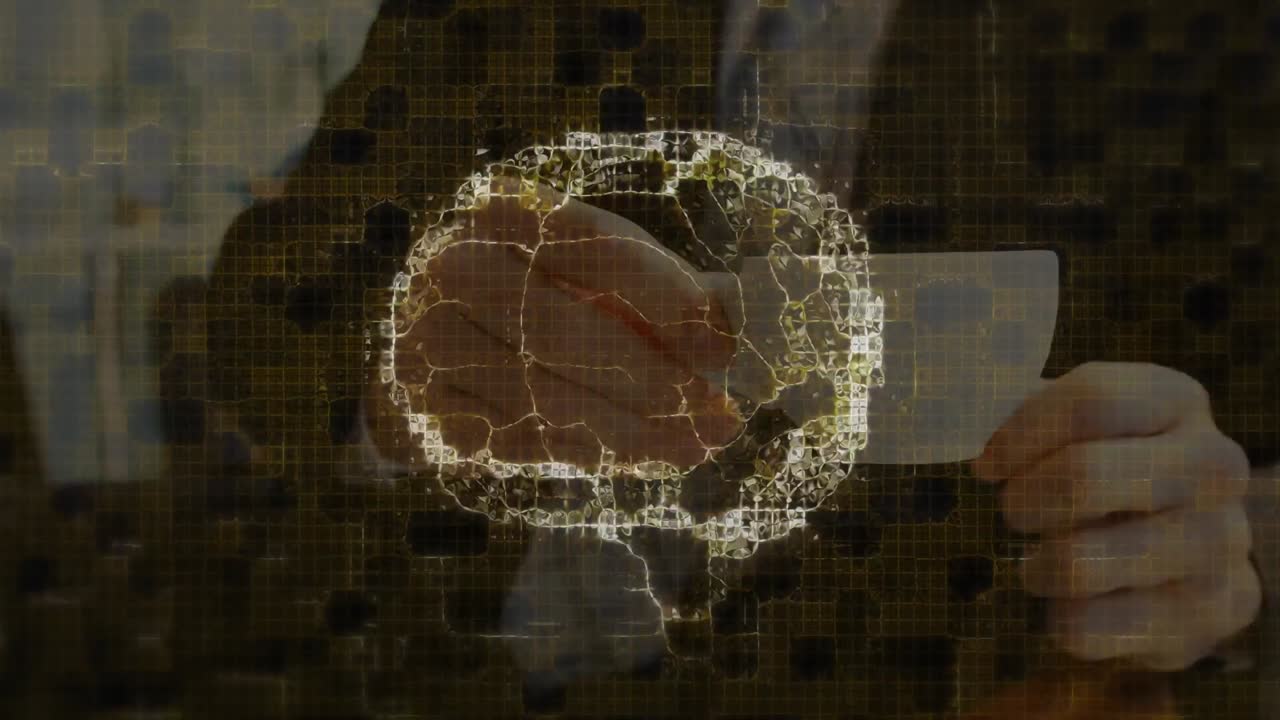 animación del cerebro sobre el hombre de negocios caucásico con café