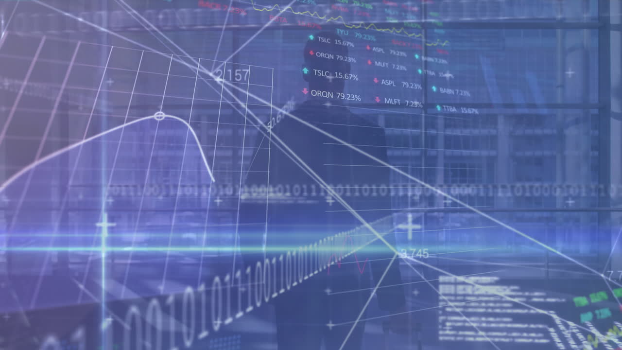Animation of financial data processing over caucasian businessman with luggage walking