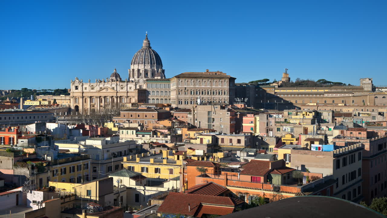 Aerial view of Vatican city from the distance. Saint Peter's Basilica at sunset in Rome, Italy