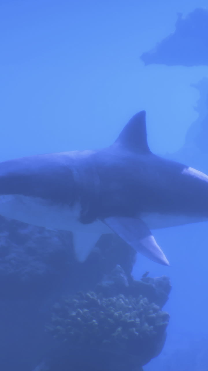 Shark swimming gracefully among coral reefs in crystal clear water