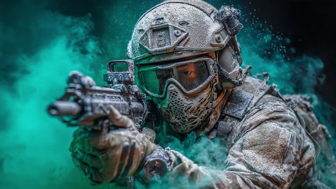 Un soldato completamente equipaggiato in mimetica, impegnato in manovre tattiche in mezzo a fumo colorato, che mostra precisione e concentrazione in un'ambientazione militare tesa.
