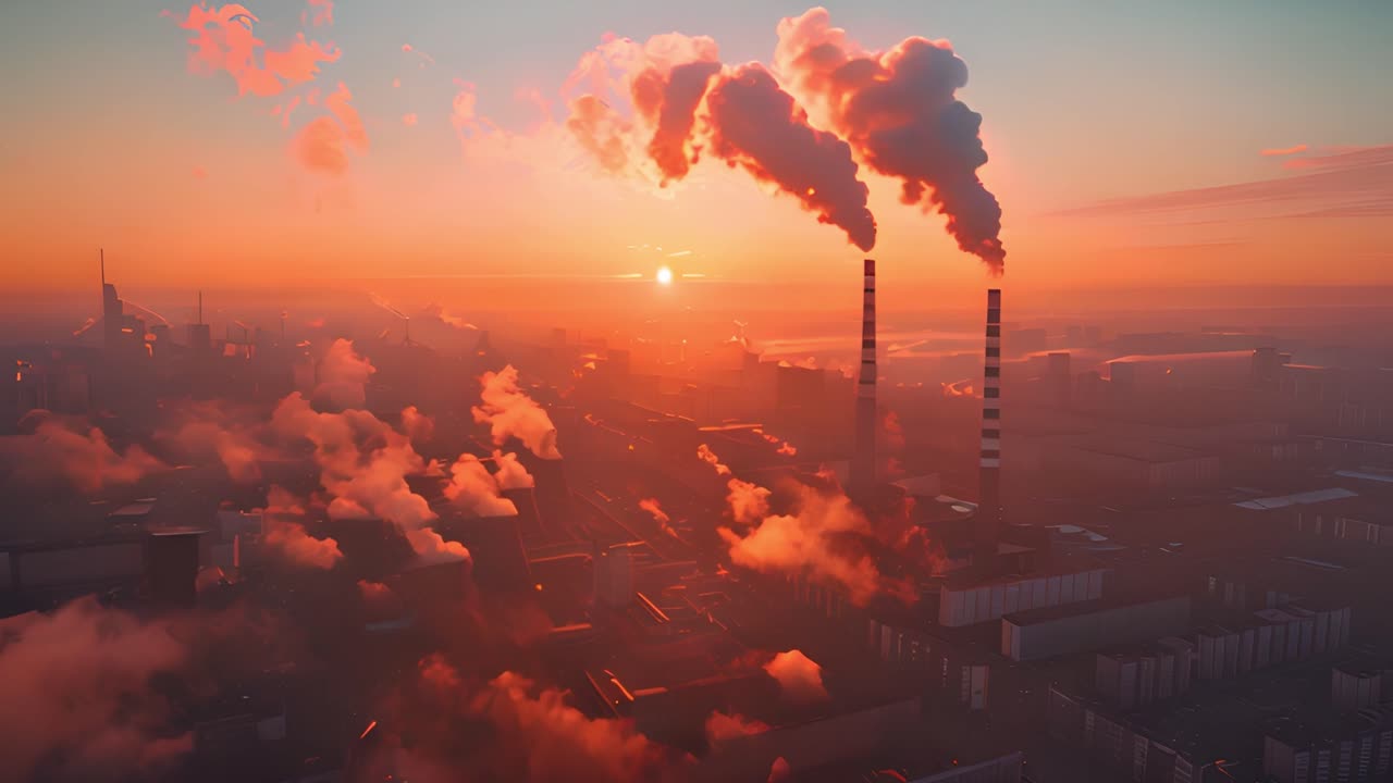 Industrial cityscape with smoking chimneys at sunset