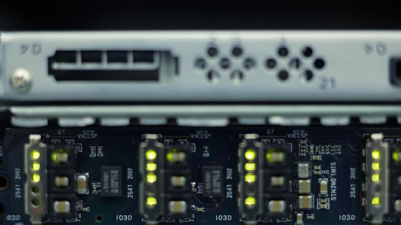 Detailed Close-Up of Electronic Circuit Board Components and Interfaces in a Technology Device, Highlighting Lights and Connections for Analysis