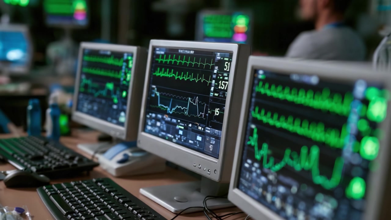 Monitor che mostra i segni vitali: uno sguardo approfondito alle apparecchiature mediche in un ambiente sanitario, mostrando la frequenza cardiaca e altri indicatori chiave di salute