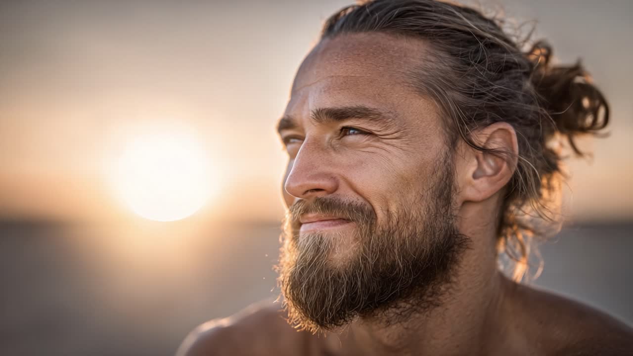 Reflective Moment: A Bearded Man Enjoys a Serene Sunset, Capturing the Essence of Tranquility in His Contemplative Expression Amidst the Warm Glow of Dusk