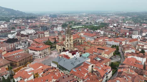 Pull-back-drone-aerial-reverse-reveal-Oviedo-City-centre-Spain