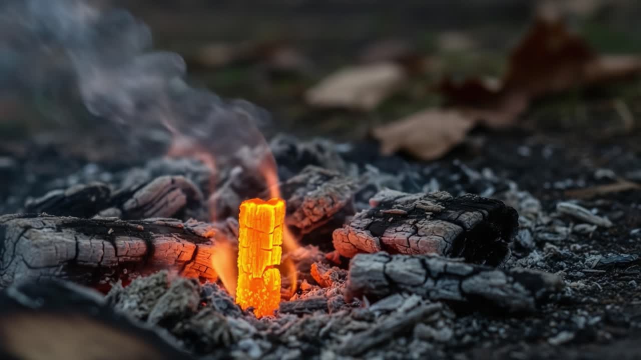 Captivating Glow of Ember: A Close-Up of a Smoldering Charcoal with Flickering Flames Surrounded by Ashes, Showcasing Nature's Fiery Beauty