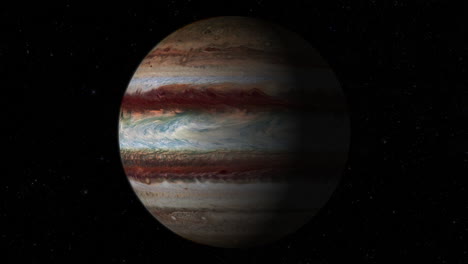 composite cgi: planeta júpiter girando, toma media del centro, medio iluminada con un fondo estrellado