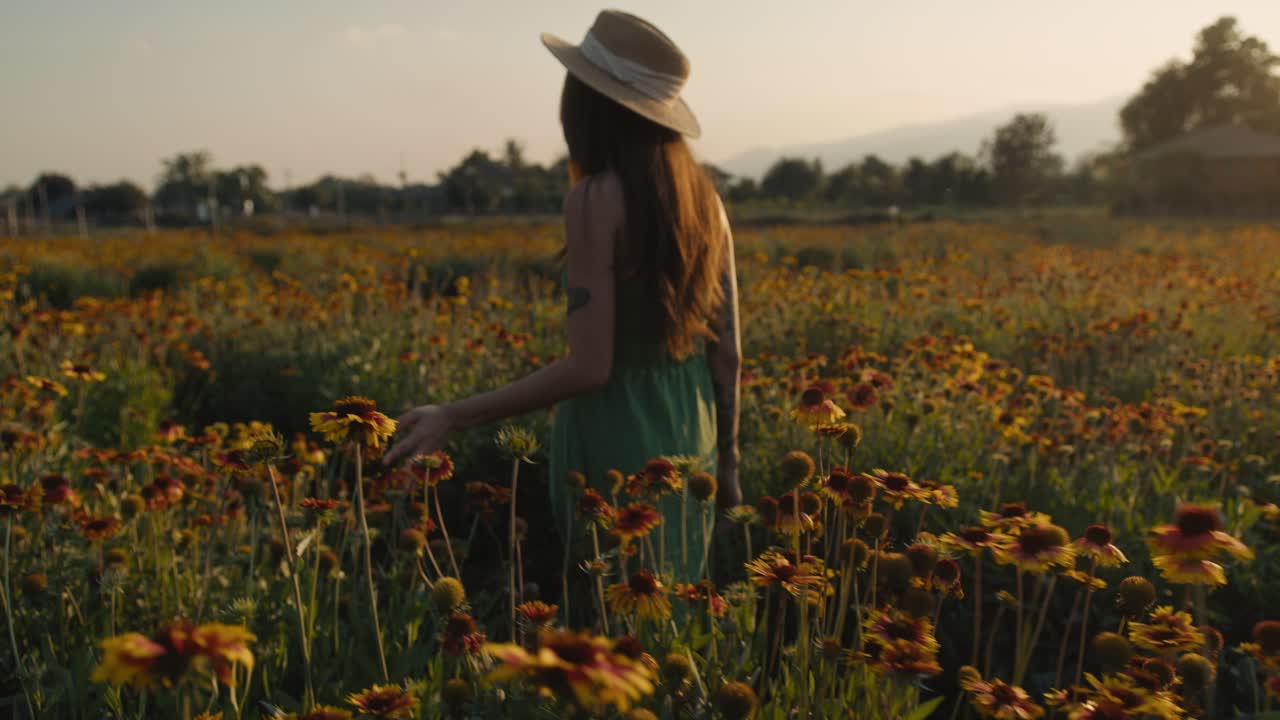Woman Walking Through a Field of Flowers at Sunset