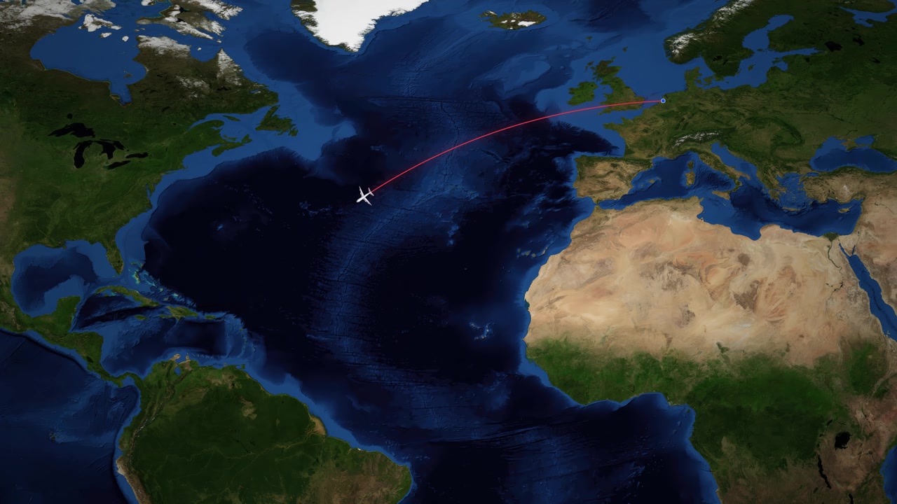 A red line tracks an airplane flying from Amsterdam to Bogota across a world map