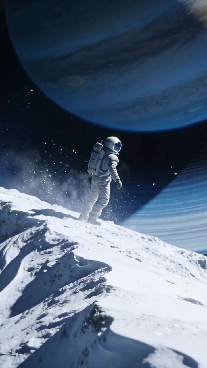 Vertical video: Stepping astronaut in EVA suit kicking snow, crossing icy ridge, viewing gas giant
