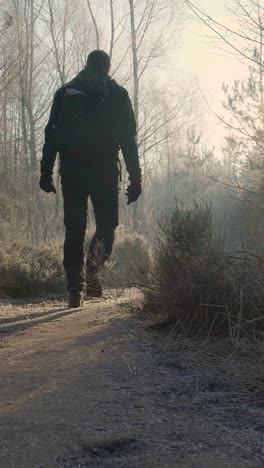 man hiking in a winter forest at sunrise