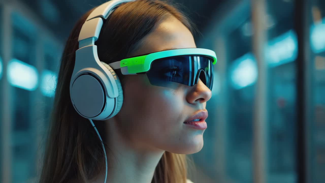 Woman wearing headphones and smart glasses