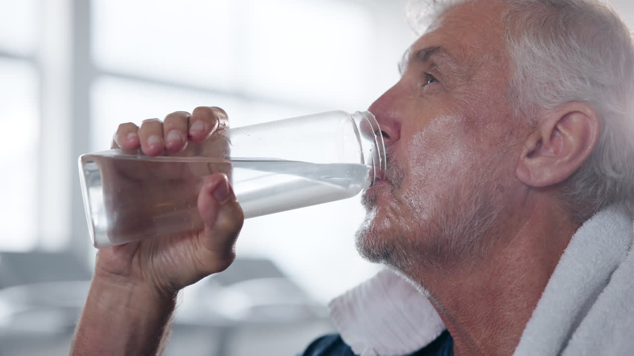 Senior man drinking water after exercise