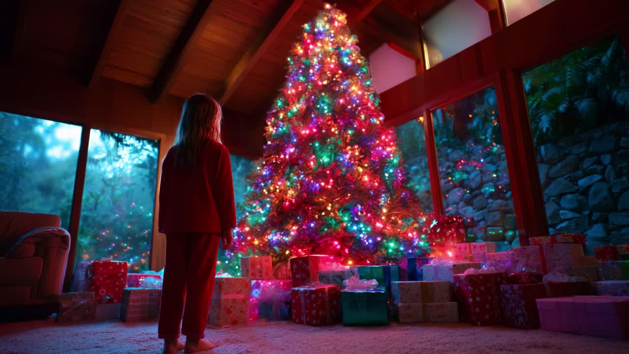 A child gazes in awe at a beautifully decorated Christmas tree, sparkling with colorful lights and surrounded by a sea of presents, capturing the essence of holiday wonder and excitement