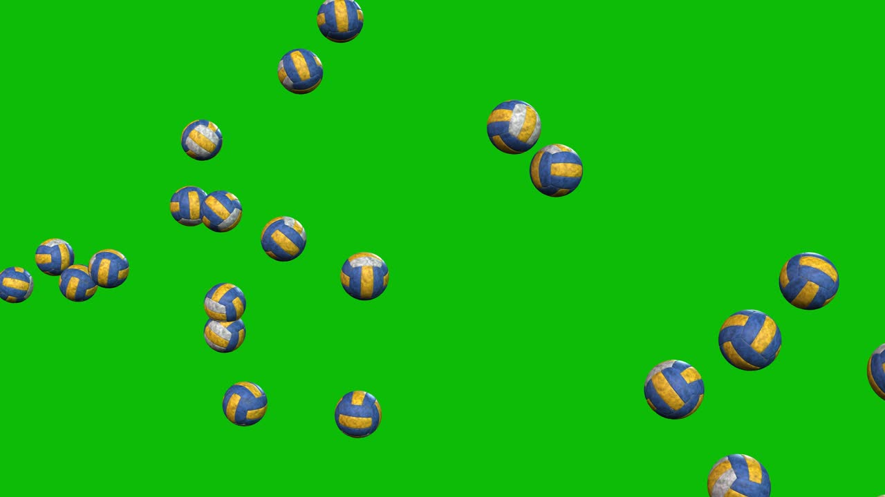Volleyballs thrown up on green screen, bouncing, ,rolling, and passing by the camera 3D animation