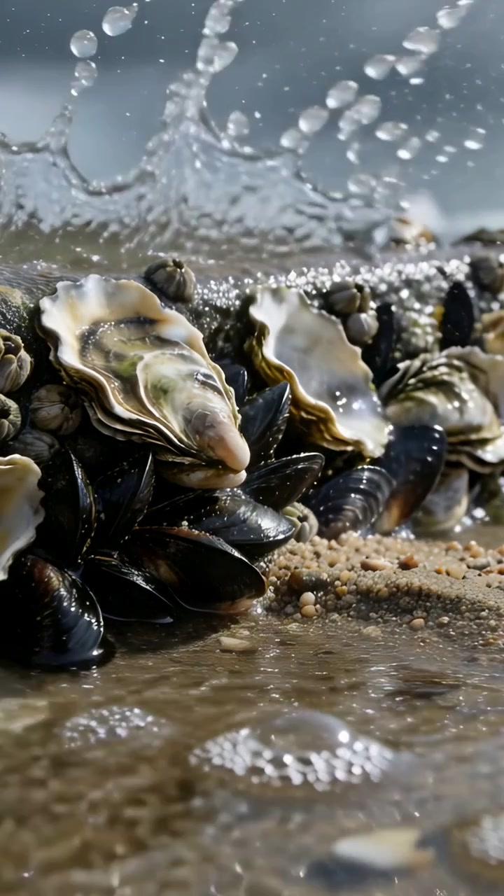 Vertical video: Droplet falling from surf hitting mussel and oyster cluster on rock