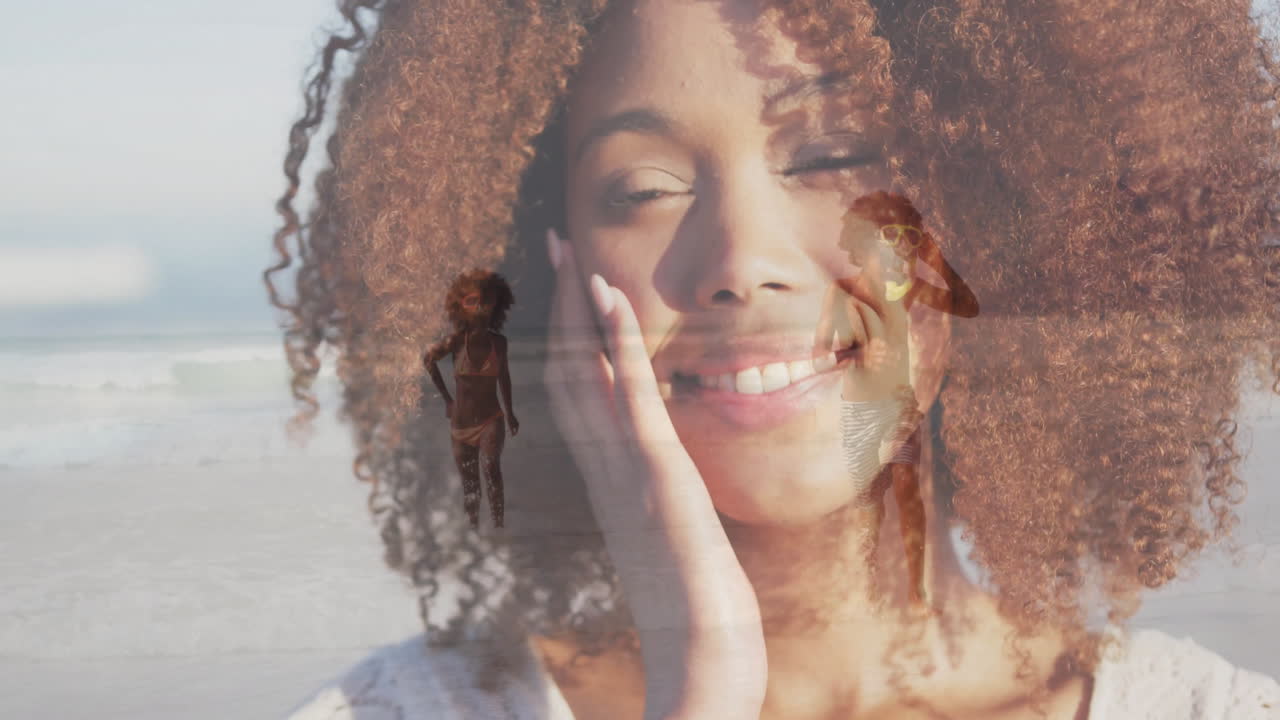mother resting hand on cheek in tech overlay, girl running on beach and boy wearing sunglasses