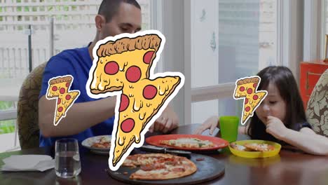 animación de iconos de pizza sobre un padre caucásico con su hija comiendo pizza