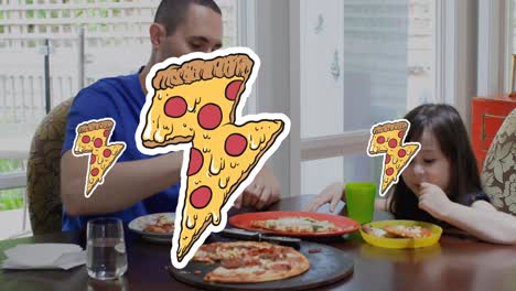 animation of pizza icons over caucasian father with daughter eating pizza