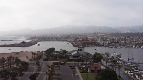 Aerial-rising-and-panning-shot-of-the-Channel-Islands-National-Park-Visitor-Center-in-Ventura,-California