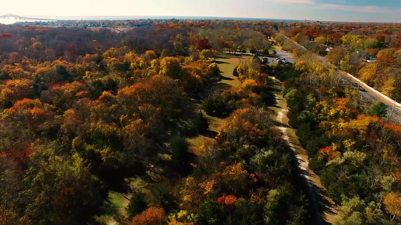 Paesaggio autunnale a Long Island, NY USA, riprese aeree con drone in 4K.