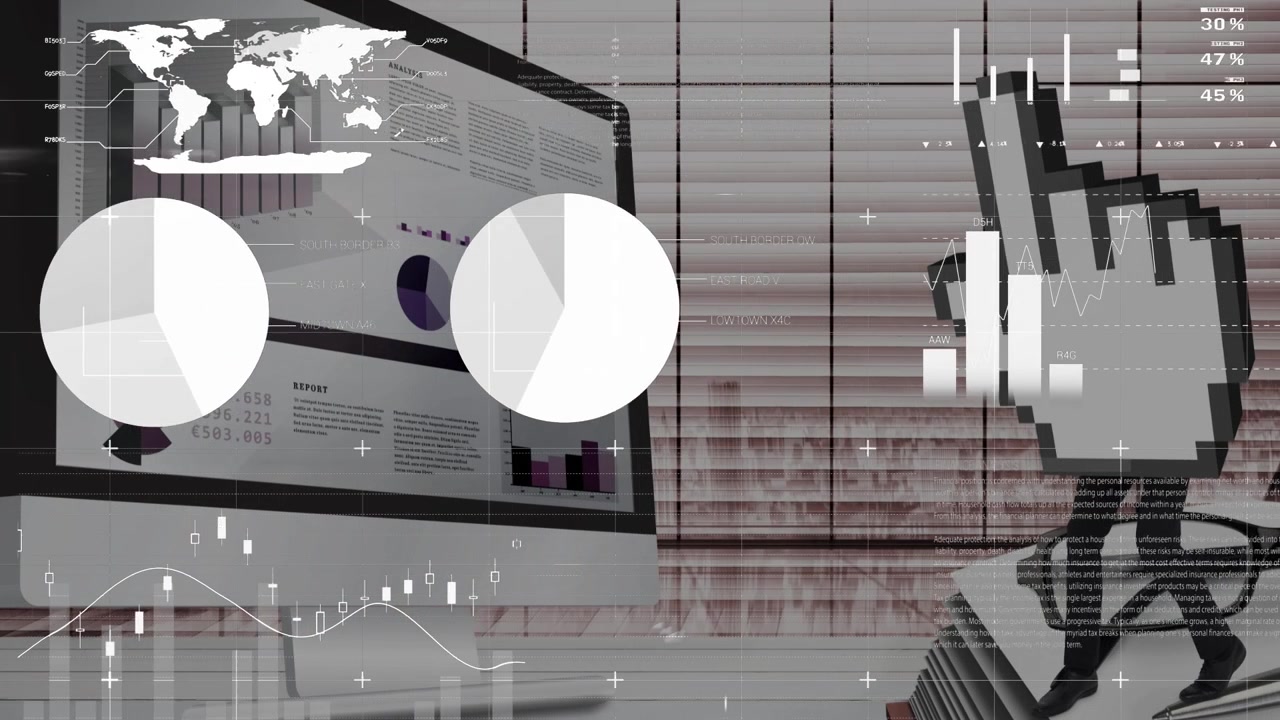 Animation of financial data and digital hand over computer screen with graphs in office