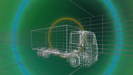 Animation-of-neon-circles-over-truck-project-on-green-background