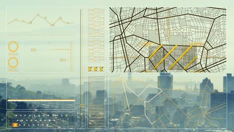 animación de la interfaz con el procesamiento de datos frente a una vista aérea del paisaje urbano
