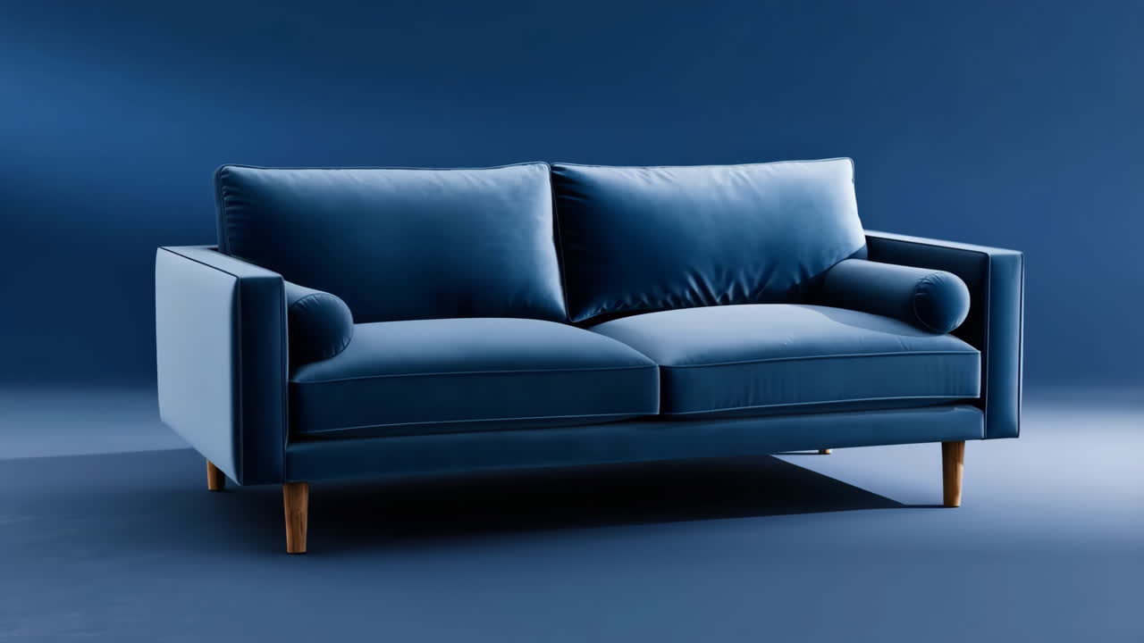 A blue modern sofa on a blue background