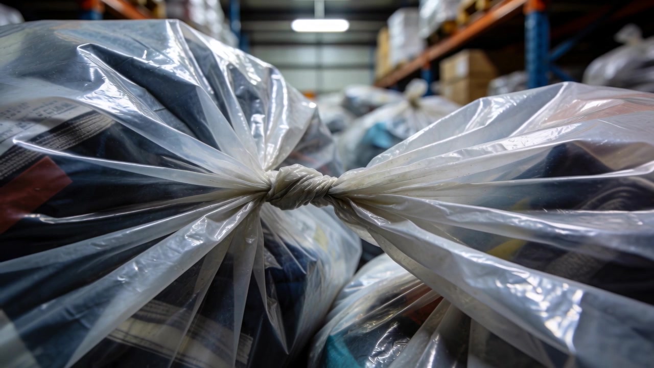 Inquadratura iniziale della telecamera che mantiene il fuoco su un nodo di borsa legata, mostrando tessuti in un magazzino per l'inventario.