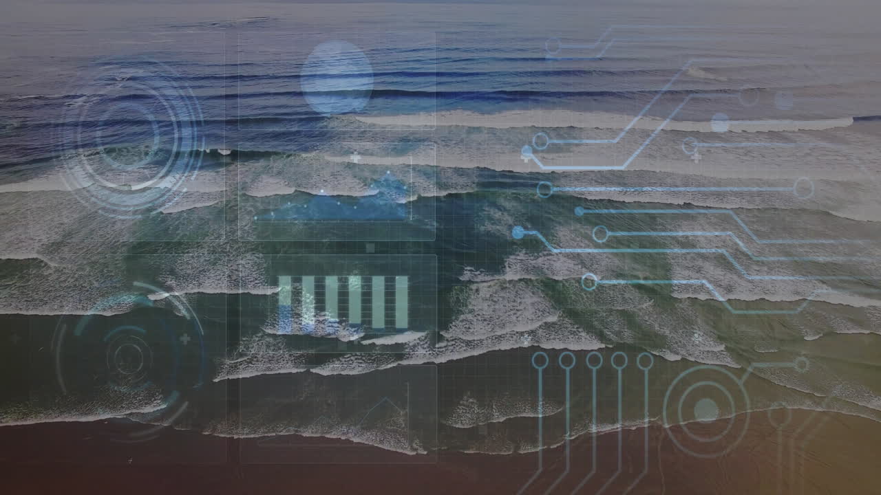 Aerial view capturing breaking ocean waves beneath floating digital HUD overlays in flat design