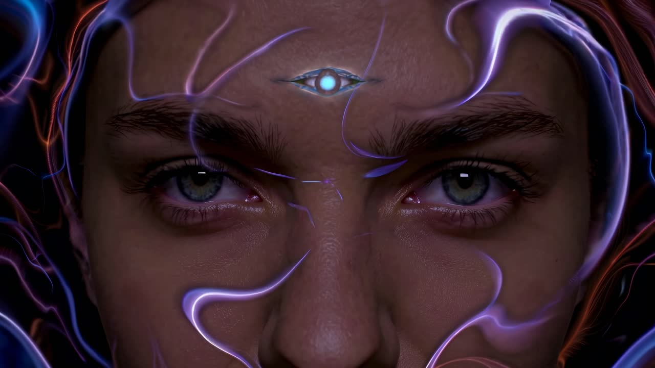 Close-up video of eyes with mystical, cosmic overlay. Third eye symbol and starry effects