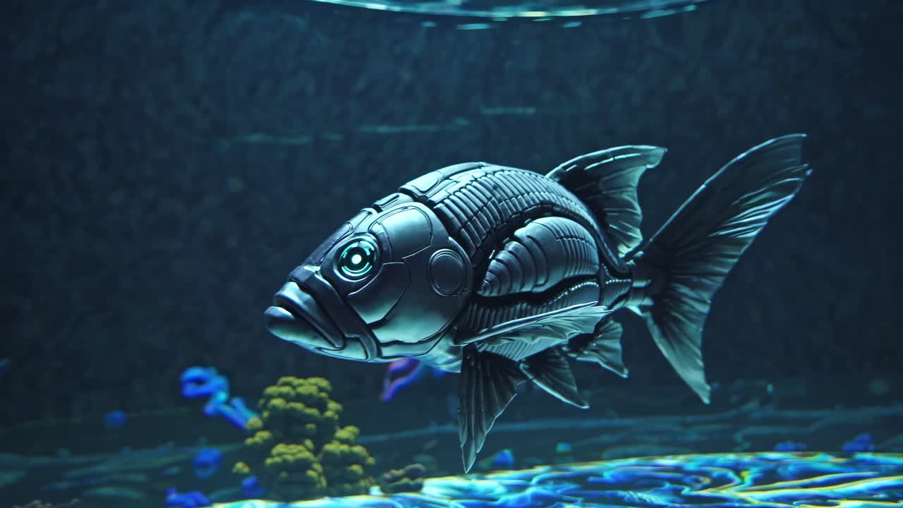 Pesce meccanico in un acquario sottomarino