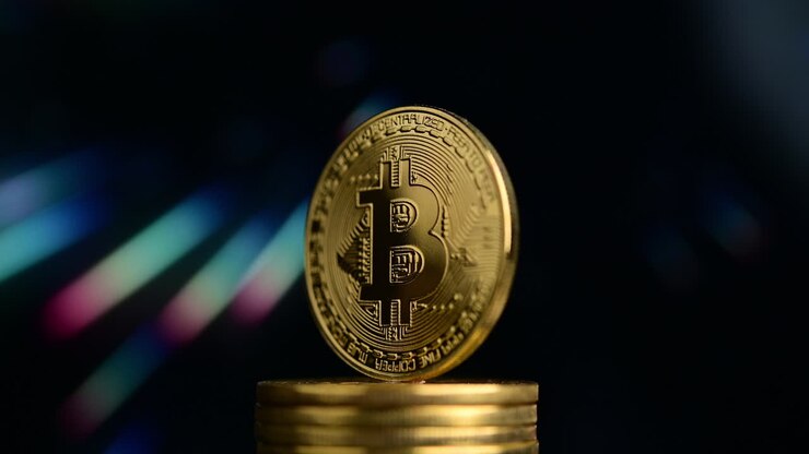 Golden cryptocurrency bitcoin on futuristic background. International electronic stock markets. Symbol of cryptocurrency for web banking and global network payment. Blockchain decentralize transaction concept.