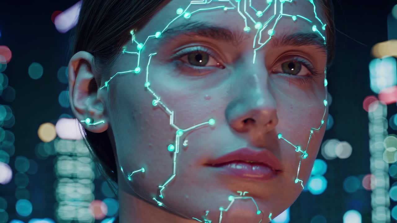 mujer con tecnología de cara futurista