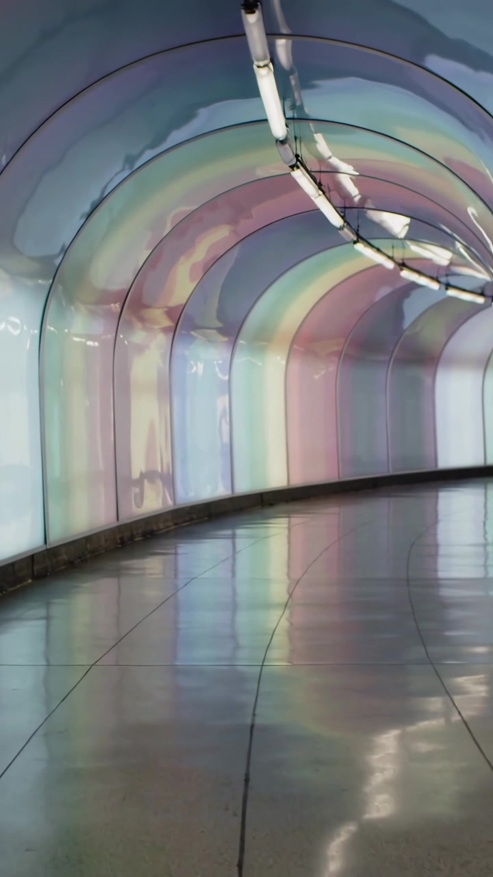 Video verticale: La telecamera inizia a scivolare in un tunnel arcobaleno, mostrando pannelli, tubi e pavimento.