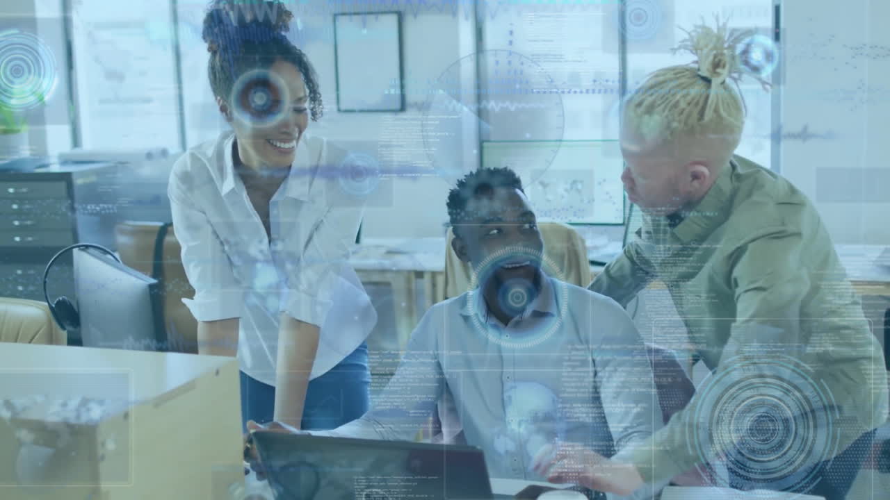 Animation of data processing over diverse colleagues discussing work in office