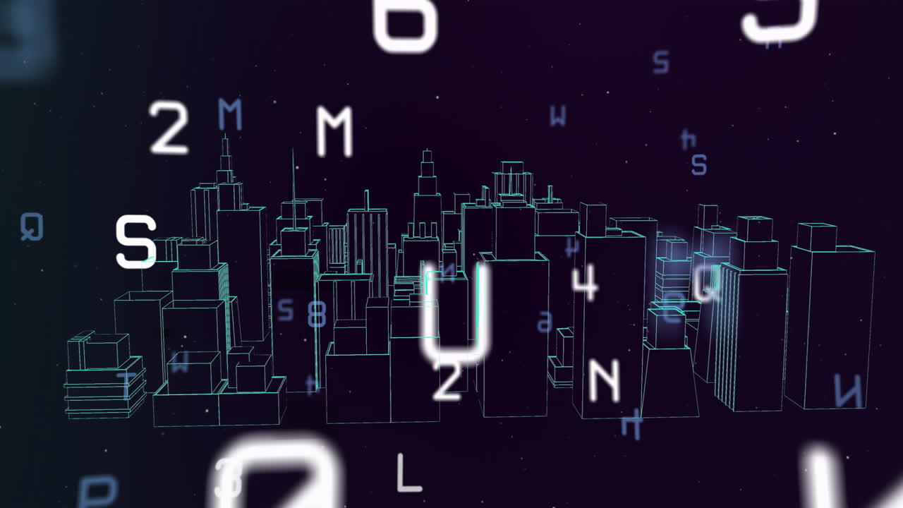 Digital letters and numbers animation over wireframe cityscape at night