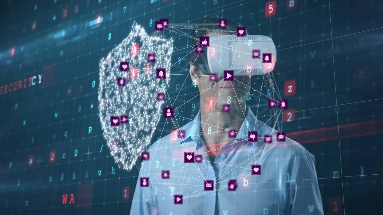 animación de datos e iconos de seguridad sobre el hombre de negocios usando auriculares vr
