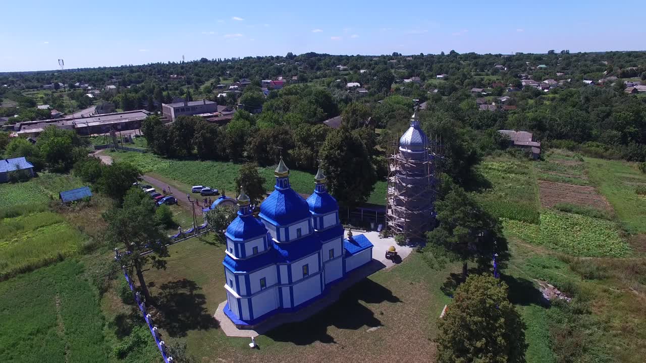 Aerial view of church. View from the drone of the old church