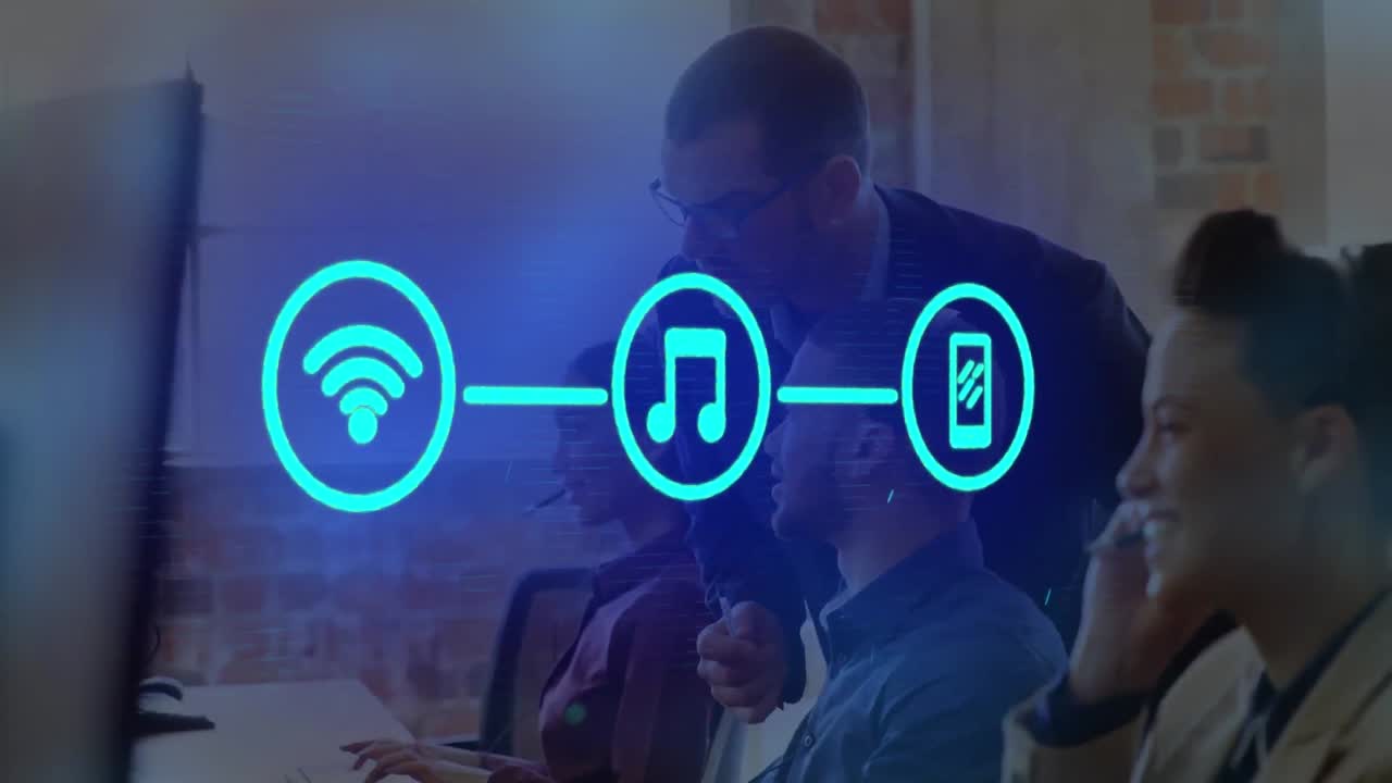 Animation of set of three digital icons over business people