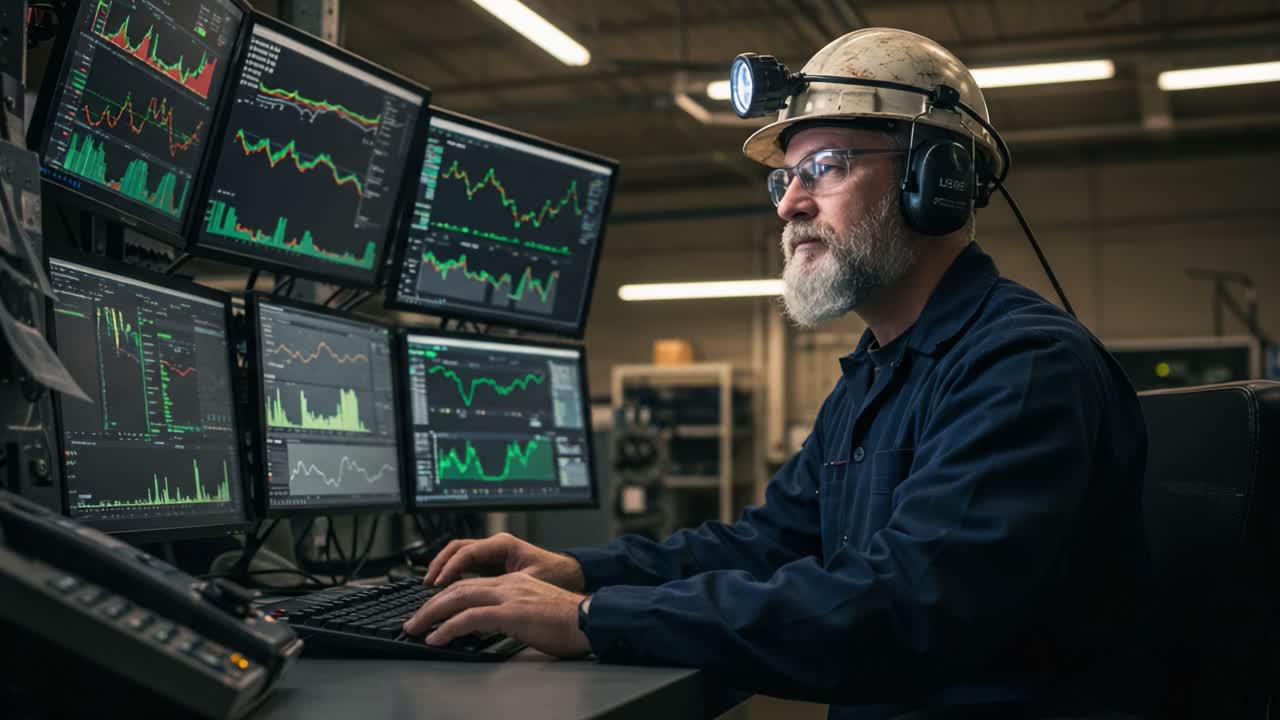 A focused individual in a hard hat and headphones analyzes multiple screens displaying complex data, showcasing diligence in a technical environment