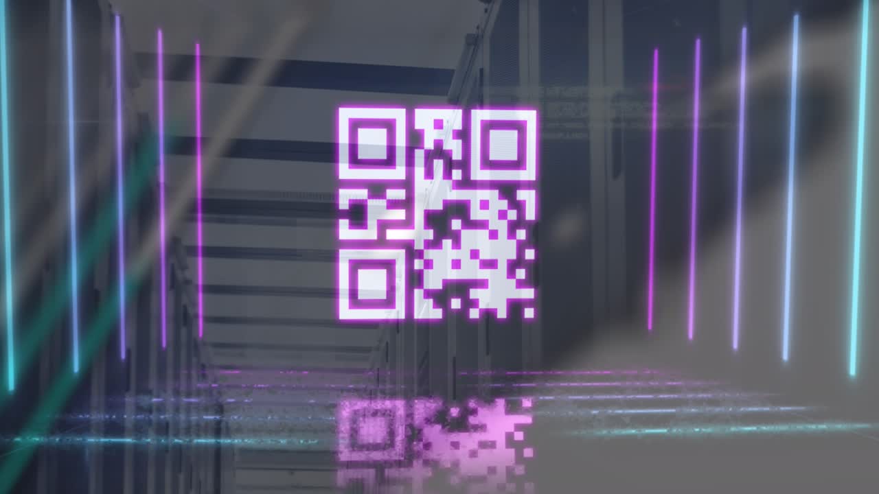 Animation of pink qr code with neon lights and data processing over computer server room